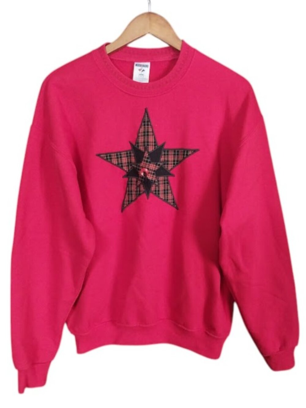 Vtg 90s Jerzees Size M Crewneck Red Sweatshirt Star Patchwork Christmas Country